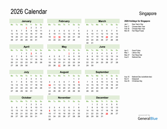 Holiday Calendar 2026 for Singapore (Monday Start)