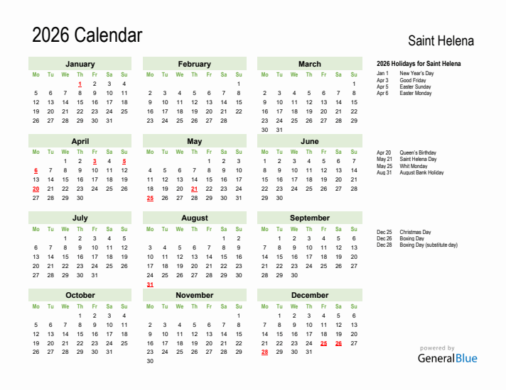 Holiday Calendar 2026 for Saint Helena (Monday Start)