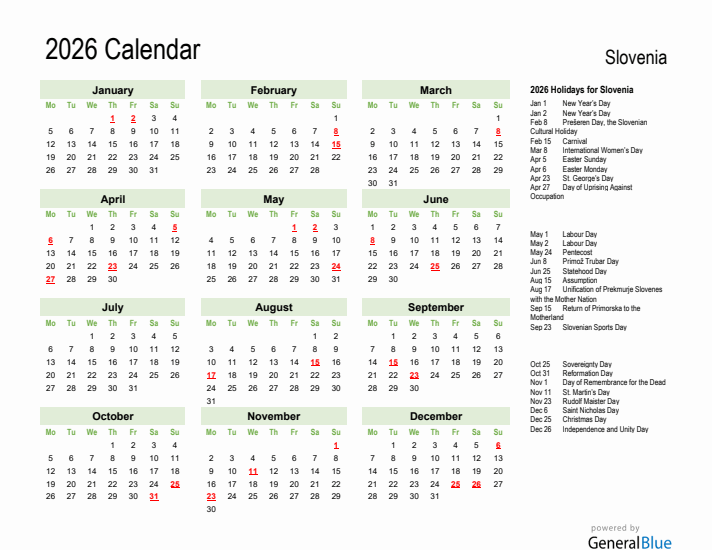 Holiday Calendar 2026 for Slovenia (Monday Start)