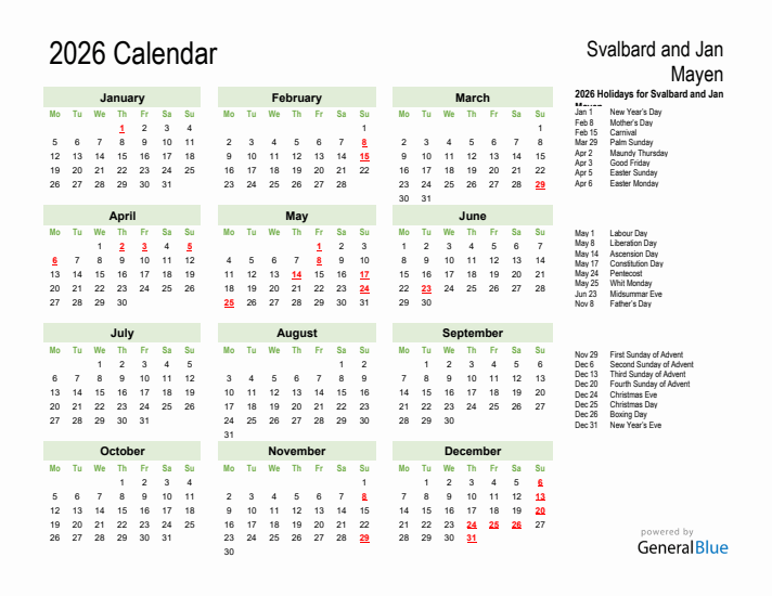 Holiday Calendar 2026 for Svalbard and Jan Mayen (Monday Start)