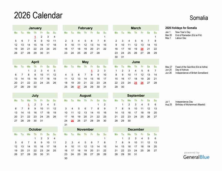 Holiday Calendar 2026 for Somalia (Monday Start)