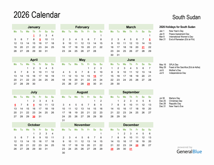 Holiday Calendar 2026 for South Sudan (Monday Start)