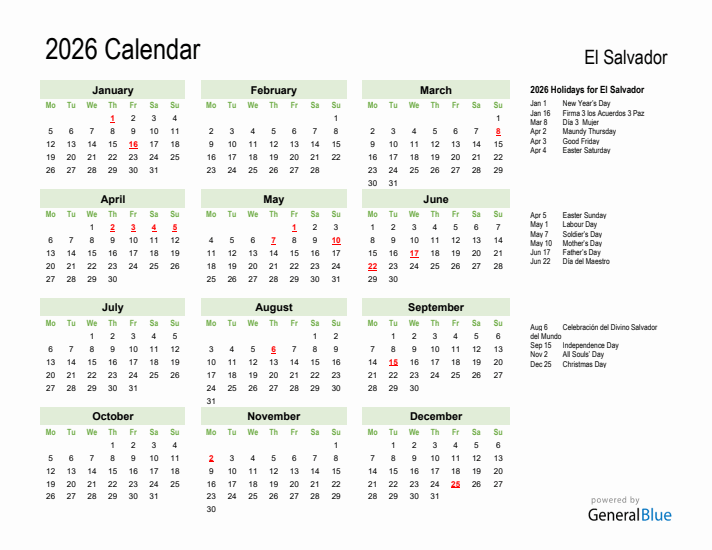 Holiday Calendar 2026 for El Salvador (Monday Start)