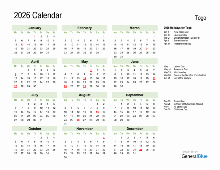 Holiday Calendar 2026 for Togo (Monday Start)