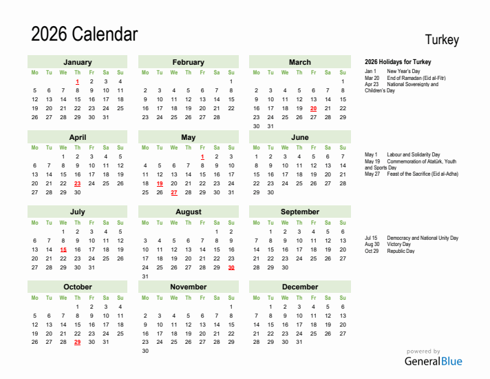 Holiday Calendar 2026 for Turkey (Monday Start)