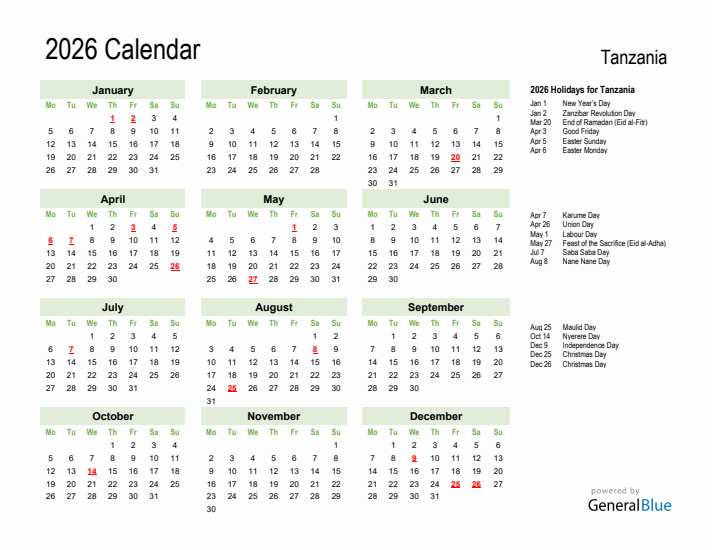 Holiday Calendar 2026 for Tanzania (Monday Start)