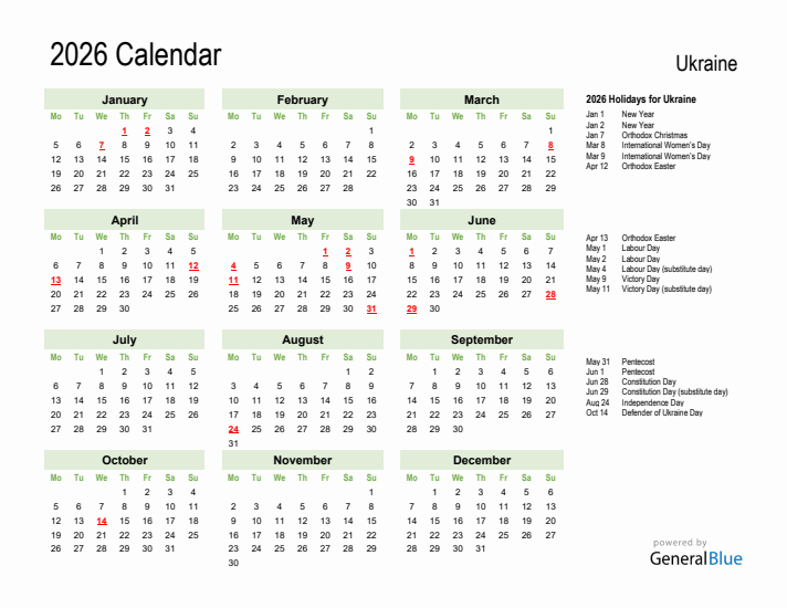 Holiday Calendar 2026 for Ukraine (Monday Start)