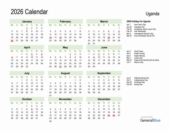 Holiday Calendar 2026 for Uganda (Monday Start)