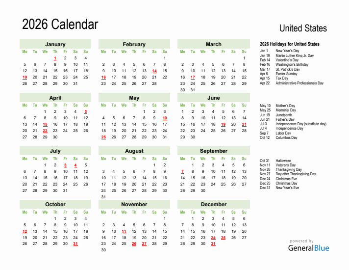 Holiday Calendar 2026 for United States (Monday Start)