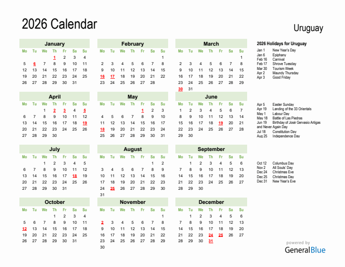 Holiday Calendar 2026 for Uruguay (Monday Start)