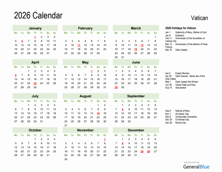 Holiday Calendar 2026 for Vatican (Monday Start)