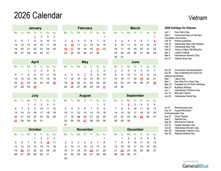 Holiday Calendar 2026 for Vietnam (Monday Start)