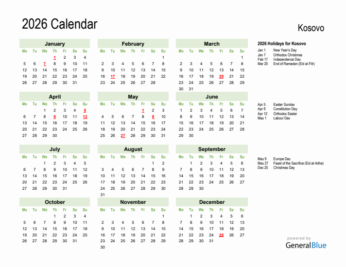 Holiday Calendar 2026 for Kosovo (Monday Start)