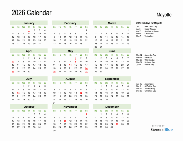 Holiday Calendar 2026 for Mayotte (Monday Start)