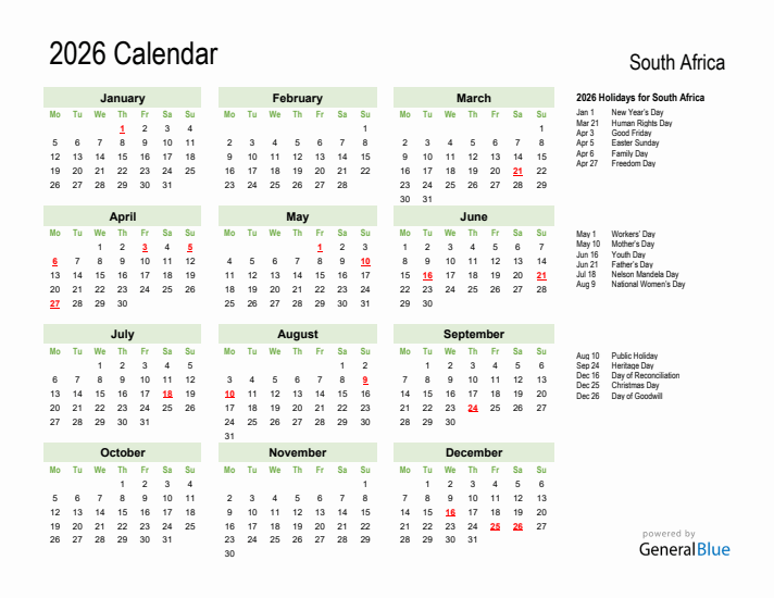 Holiday Calendar 2026 for South Africa (Monday Start)
