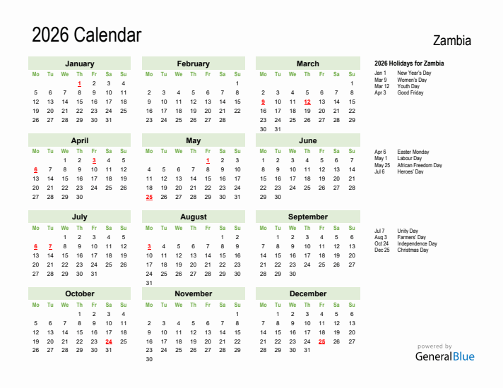 Holiday Calendar 2026 for Zambia (Monday Start)