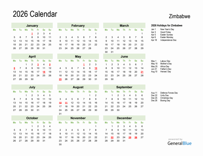 Holiday Calendar 2026 for Zimbabwe (Monday Start)
