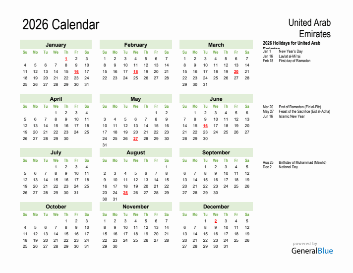 Holiday Calendar 2026 for United Arab Emirates (Sunday Start)