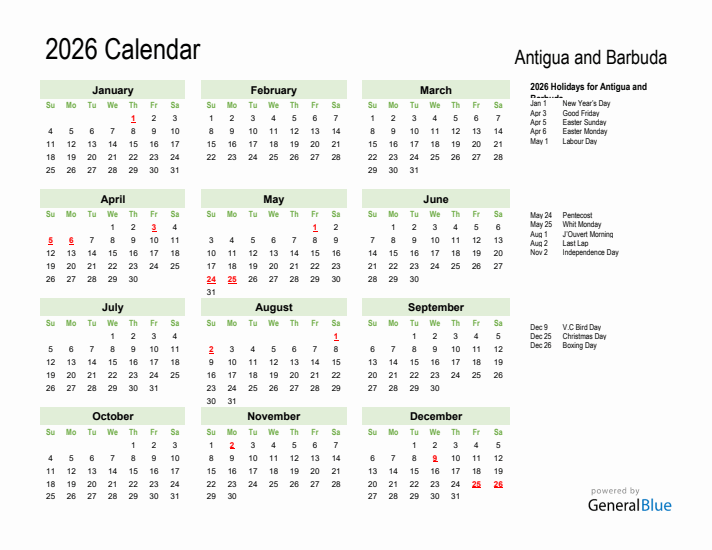Holiday Calendar 2026 for Antigua and Barbuda (Sunday Start)