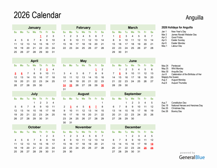 Holiday Calendar 2026 for Anguilla (Sunday Start)