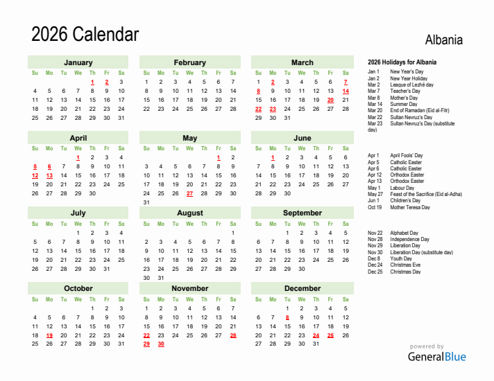 Holiday Calendar 2026 for Albania (Sunday Start)