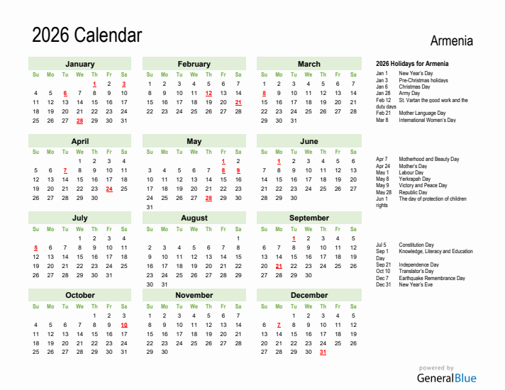 Holiday Calendar 2026 for Armenia (Sunday Start)