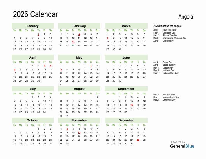 Holiday Calendar 2026 for Angola (Sunday Start)