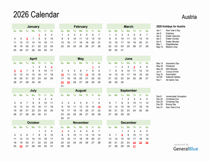 Holiday Calendar 2026 for Austria (Sunday Start)