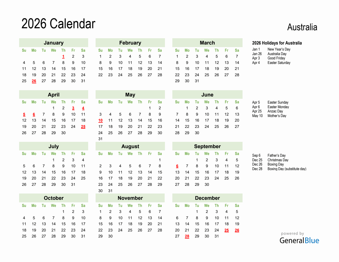 Holiday Calendar 2026 for Australia (Sunday Start)