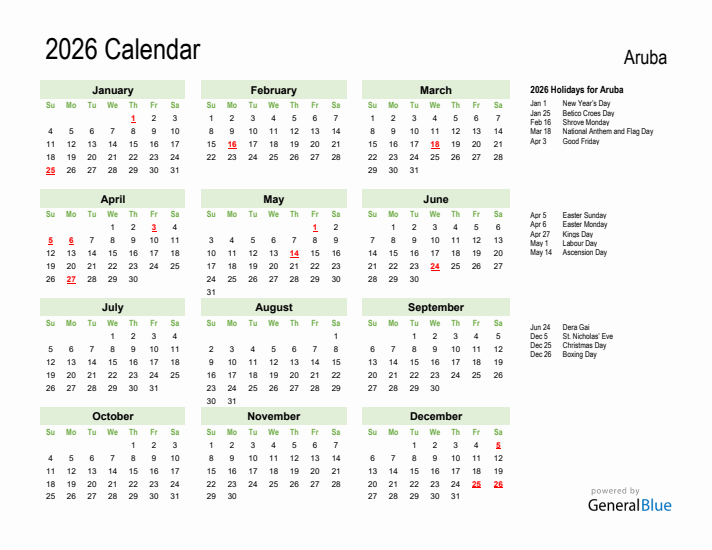 Holiday Calendar 2026 for Aruba (Sunday Start)