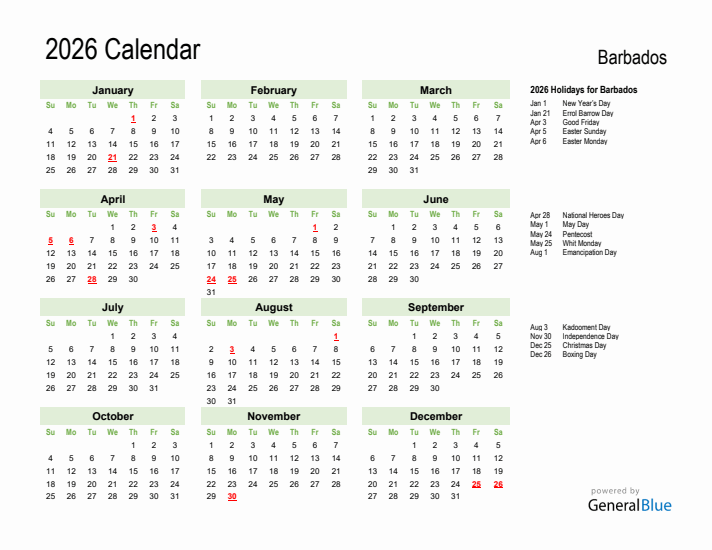 Holiday Calendar 2026 for Barbados (Sunday Start)