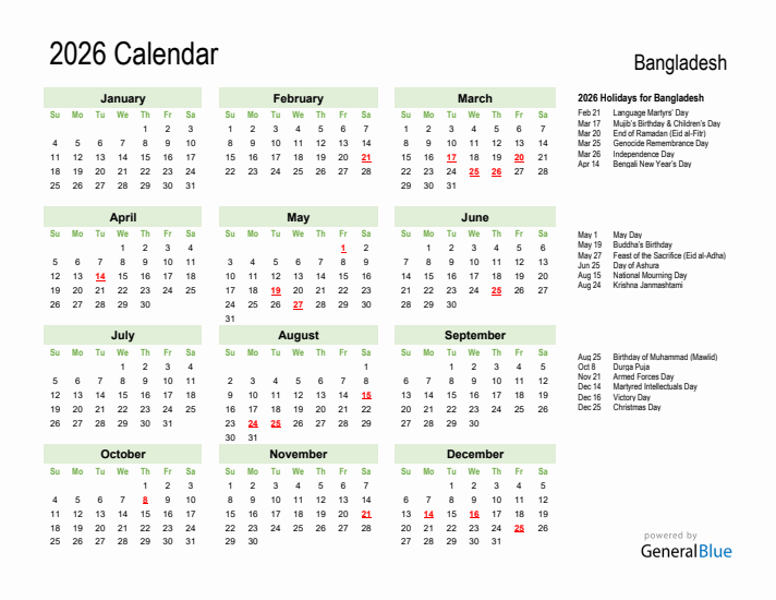 Holiday Calendar 2026 for Bangladesh (Sunday Start)