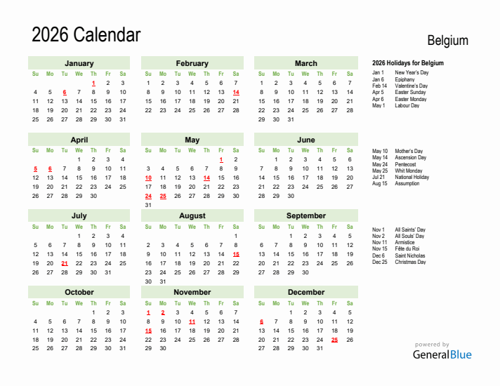 Holiday Calendar 2026 for Belgium (Sunday Start)