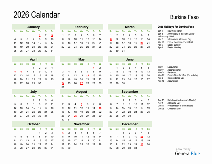 Holiday Calendar 2026 for Burkina Faso (Sunday Start)
