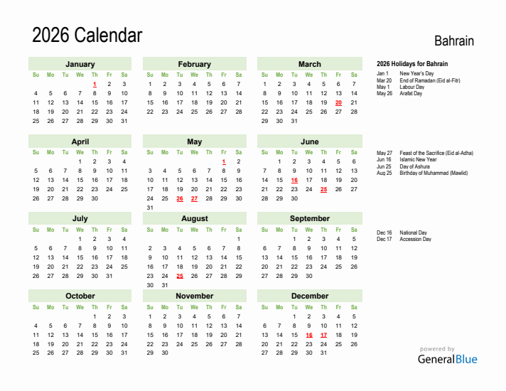 Holiday Calendar 2026 for Bahrain (Sunday Start)