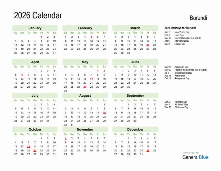Holiday Calendar 2026 for Burundi (Sunday Start)