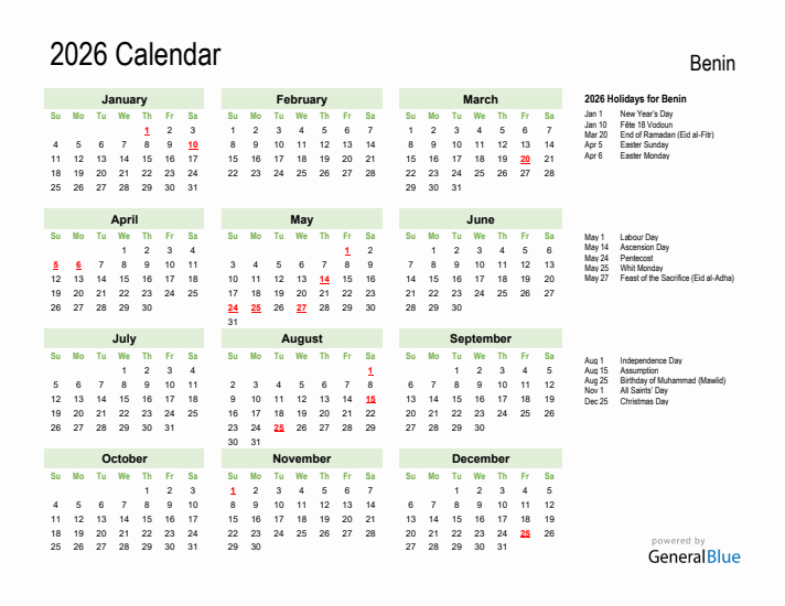 Holiday Calendar 2026 for Benin (Sunday Start)