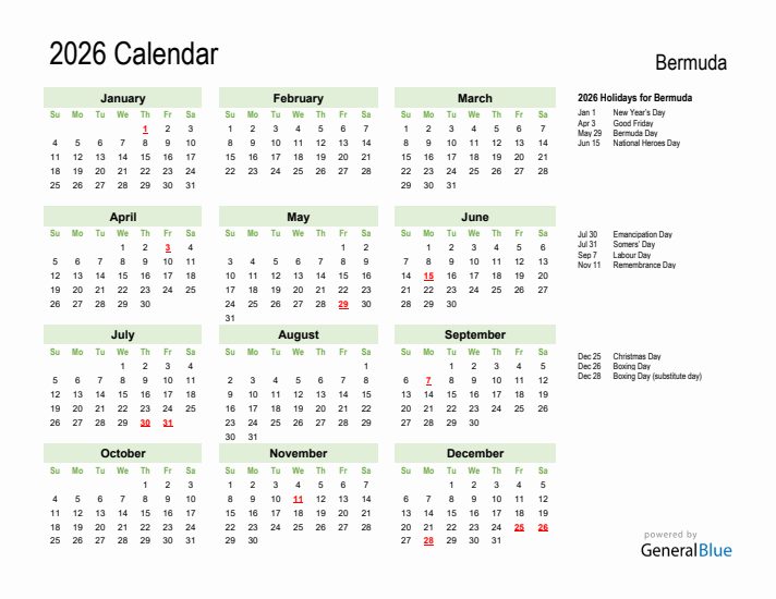 Holiday Calendar 2026 for Bermuda (Sunday Start)