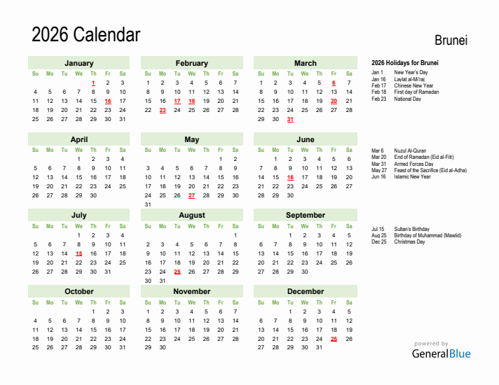 Holiday Calendar 2026 for Brunei (Sunday Start)