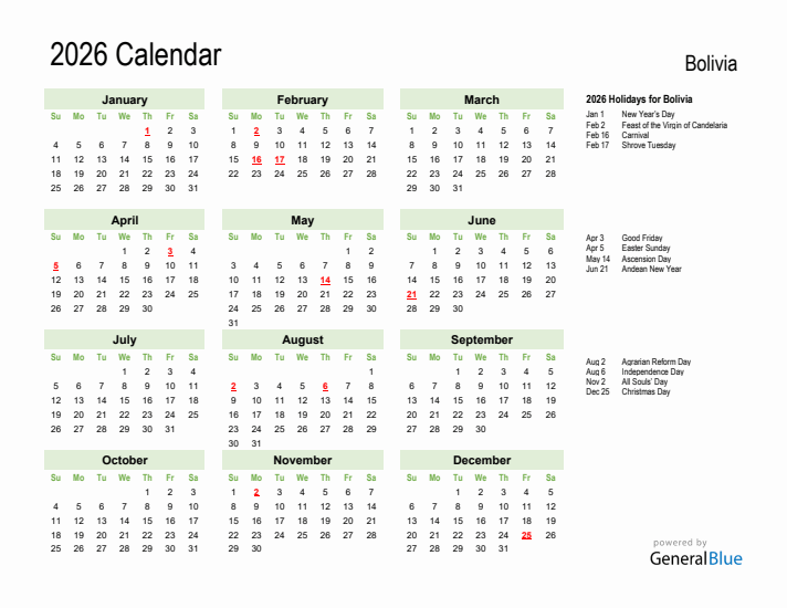 Holiday Calendar 2026 for Bolivia (Sunday Start)