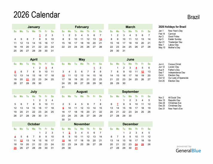 Holiday Calendar 2026 for Brazil (Sunday Start)