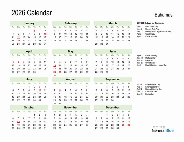 Holiday Calendar 2026 for Bahamas (Sunday Start)