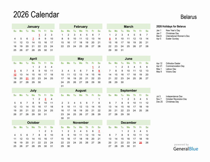 Holiday Calendar 2026 for Belarus (Sunday Start)