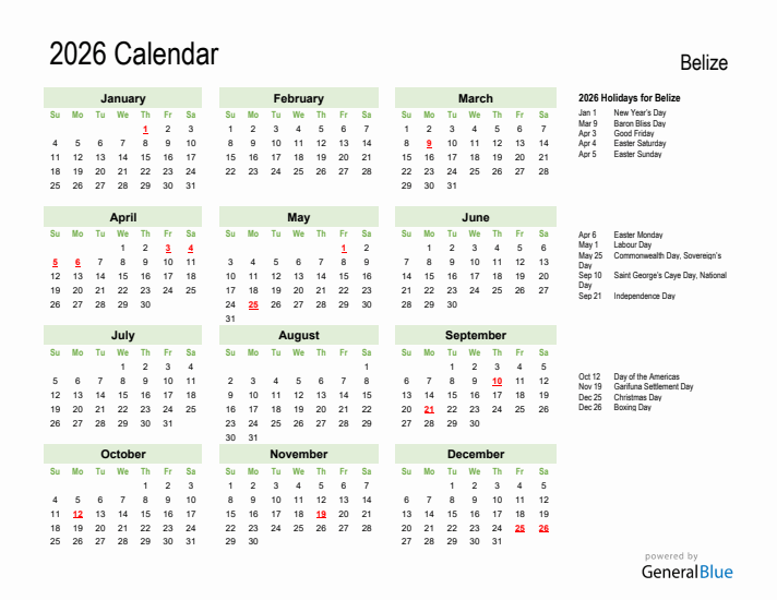 Holiday Calendar 2026 for Belize (Sunday Start)