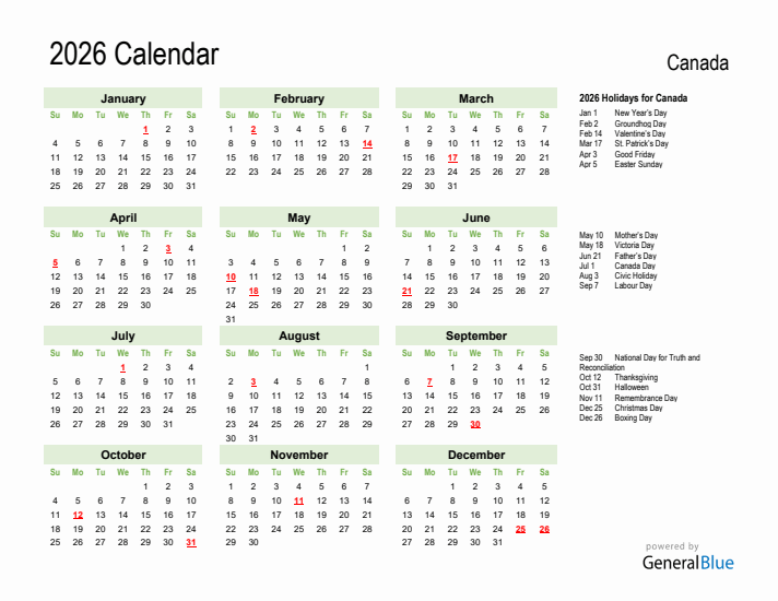 Holiday Calendar 2026 for Canada (Sunday Start)