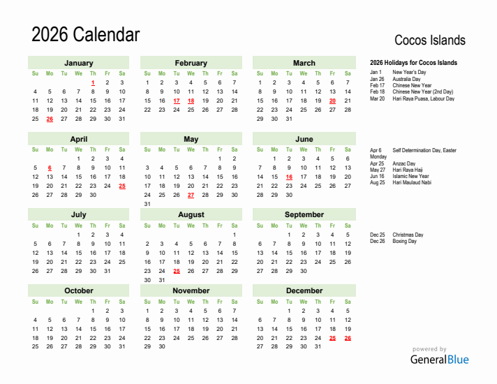 Holiday Calendar 2026 for Cocos Islands (Sunday Start)