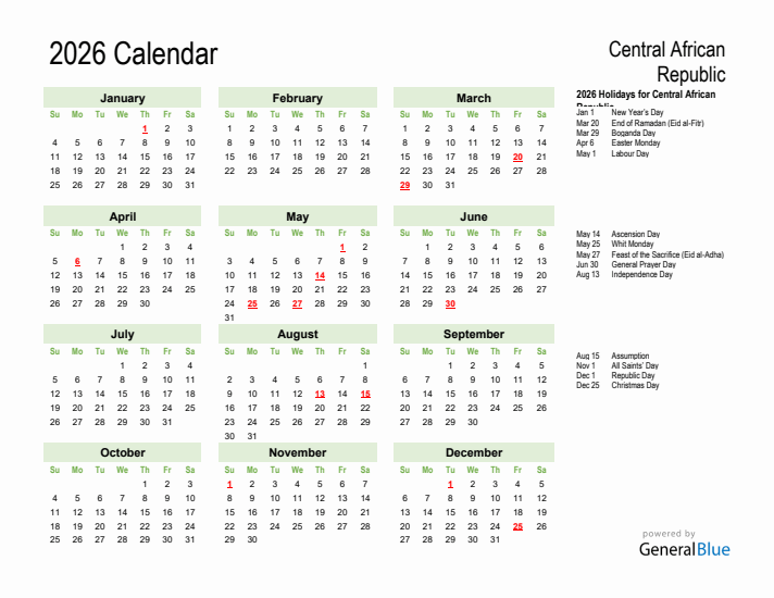 Holiday Calendar 2026 for Central African Republic (Sunday Start)