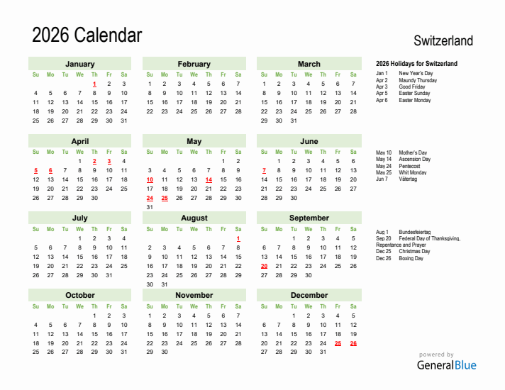Holiday Calendar 2026 for Switzerland (Sunday Start)