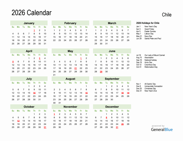 Holiday Calendar 2026 for Chile (Sunday Start)