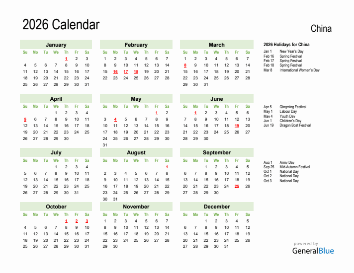 Holiday Calendar 2026 for China (Sunday Start)